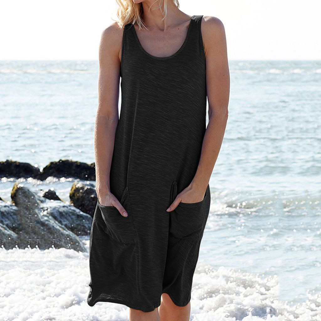 Vestido midi sem mangas de verão para mulher com bolsos