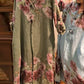 Vestido casual de mulher em algodão e linho com estampado vintage, mangas compridas e decote em V