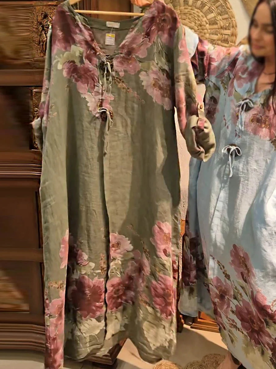 Vestido casual de mulher em algodão e linho com estampado vintage, mangas compridas e decote em V