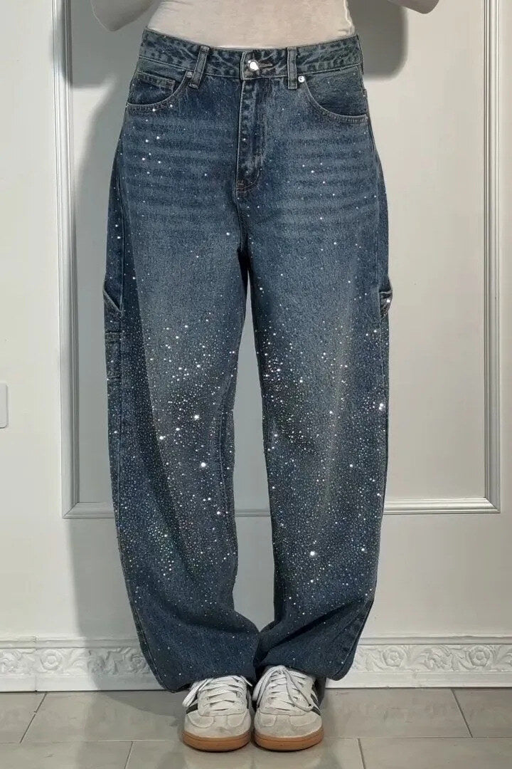 Jeans harém largos para mulher com strass