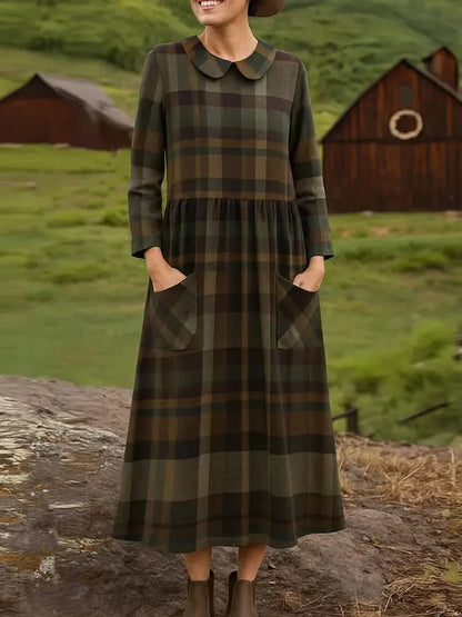Vestido solto casual com estampado xadrez para mulher