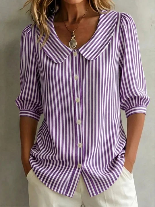🔥 Camisa de senhora retro às riscas em algodão e linho com gola Peter Pan