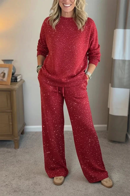 Conjunto casual de duas peças com gola redonda e cor sólida brilhante