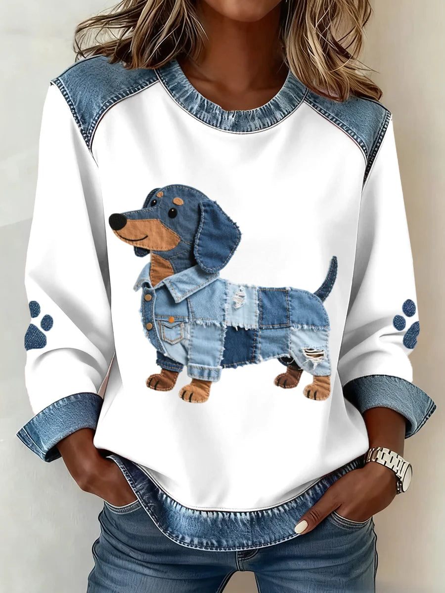 Blusa de moletão para mulher em ganga com estampado de dachshund e patchwork