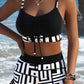 Conjunto de biquíni estilo regata (tankini) de cintura subida com estampado geométrico em preto e branco e atilhos