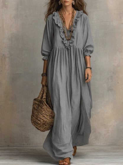 Vestido comprido feminino casual e elegante com estampado às riscas e folhos para férias