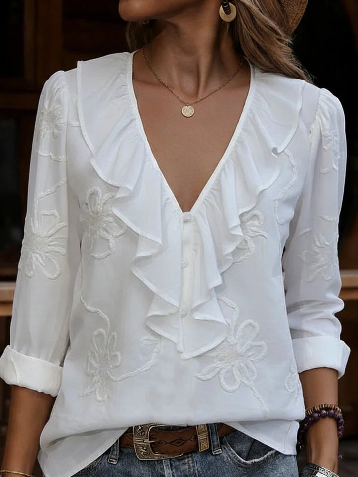 Blusa vintage com decote em V franzido e flores bordadas