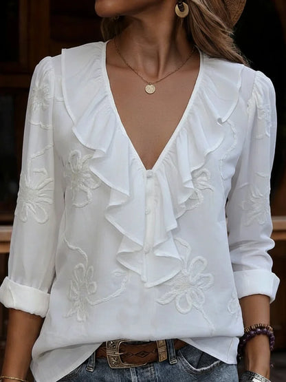 Blusa vintage com decote em V franzido e flores bordadas