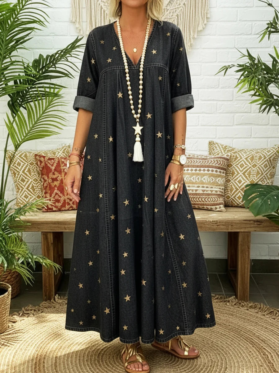 Vestido casual em denim 100% algodão com estampado de estrelas douradas