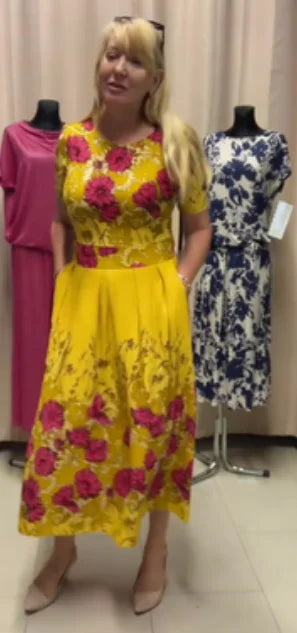 🔥Vestido midi de senhora estampado de manga curta e gola redonda