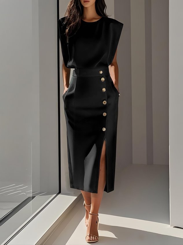 Vestido midi de cor sólida 2025