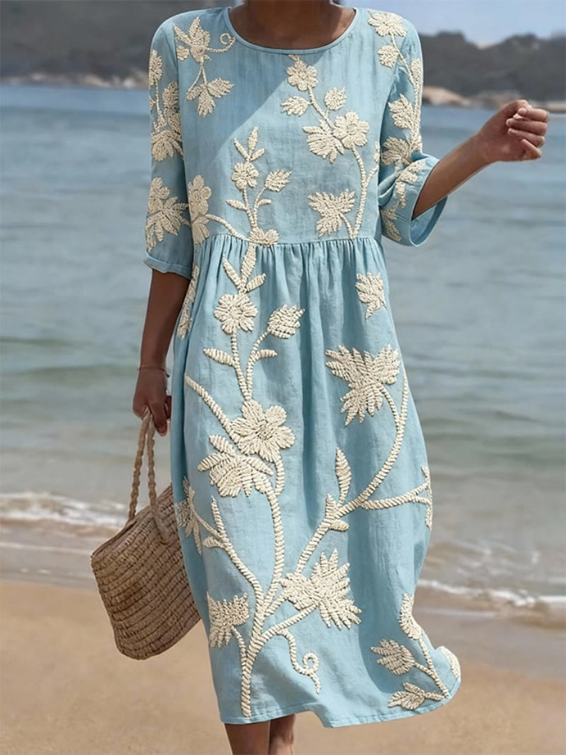 Vestido Midi Fluido com Bordado Floral – Coleção Vintage Elegante