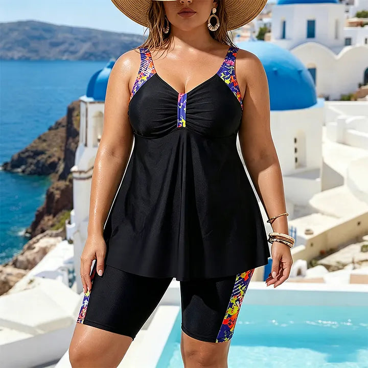Fato de banho feminino composto por uma blusa de tankini de corte largo e calções