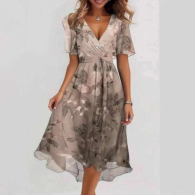🔥 Elegante vestido de chiffon estampado com decote em V✨