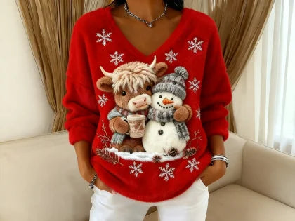 🔥Blusa de senhora com estampado animal e boneco de neve, decote em V