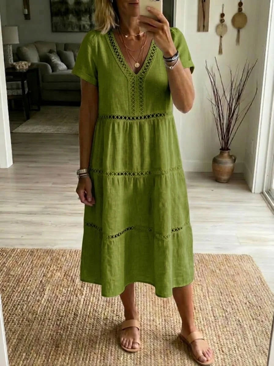 Vestido casual de retalhos em linho e algodão