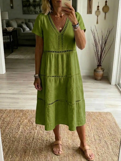Vestido casual de retalhos em linho e algodão