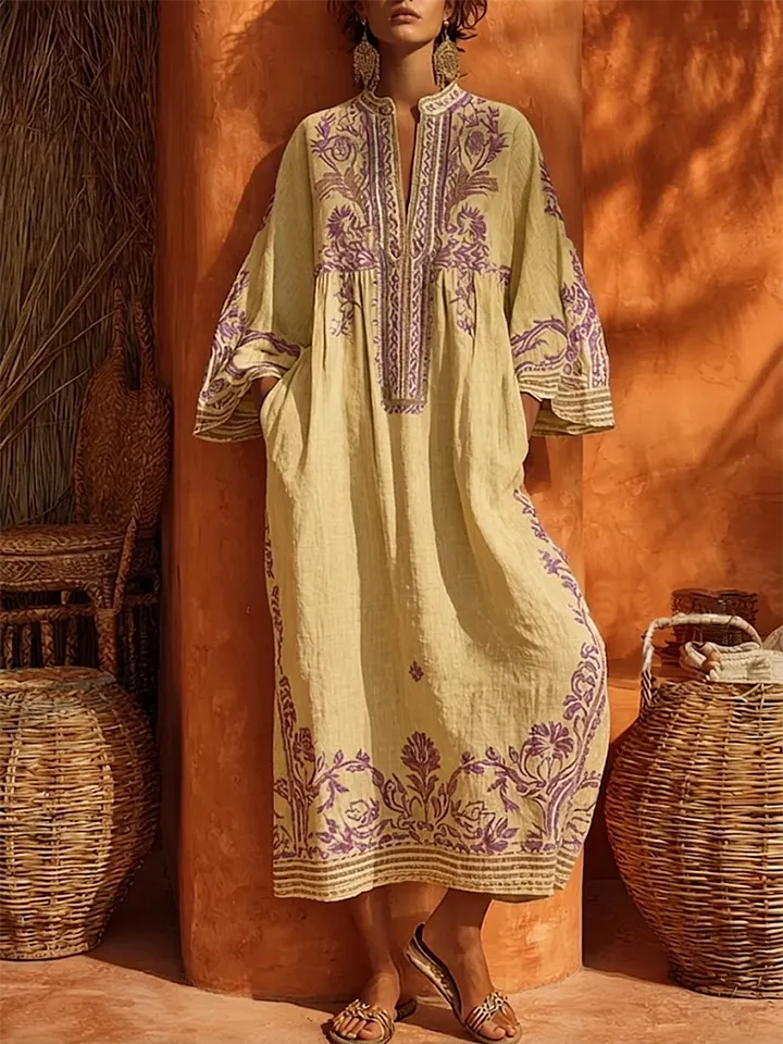 Vestido comprido de algodão e linho com estampado floral boémia