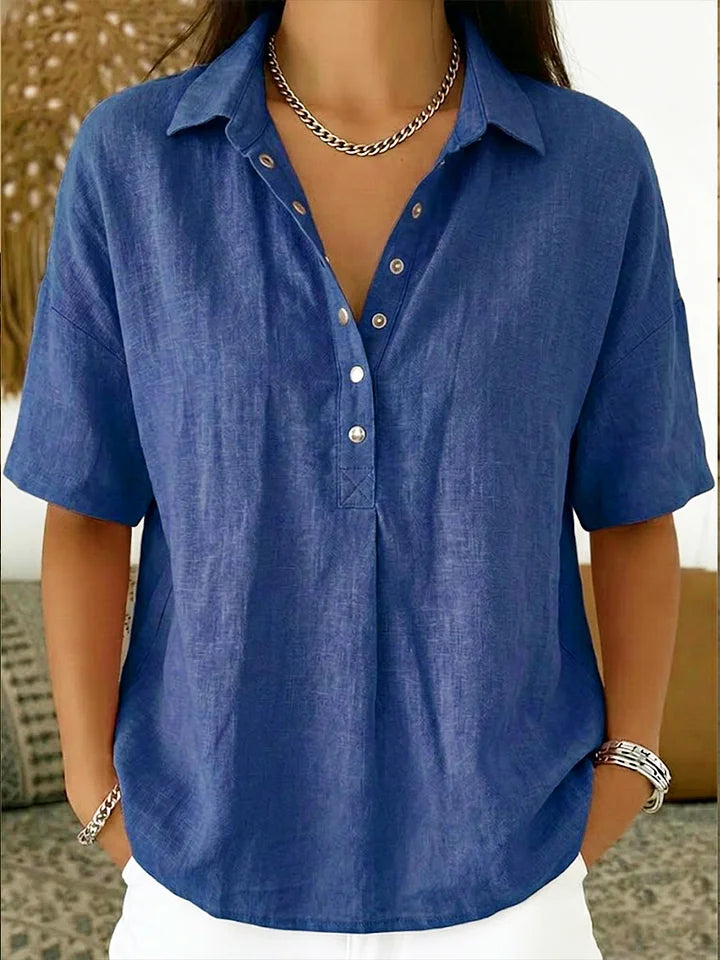 Camisa casual de manga curta em mistura de linho e algodão.