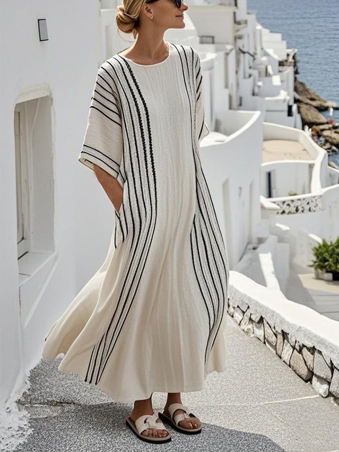 Vestido listrado de algodão e linho