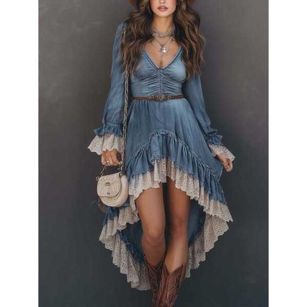 Vestido midi de ganga com barra irregular e detalhes em renda