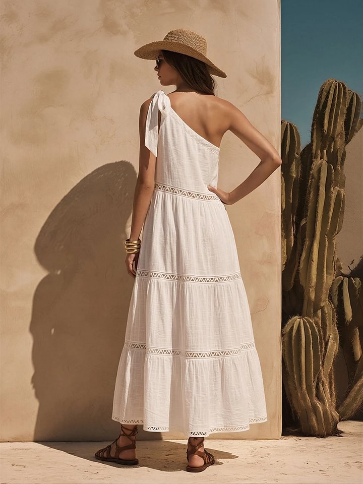 Vestido de algodão de um ombro só estilo boémio
