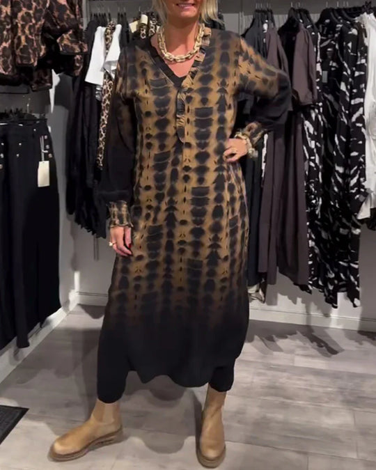 Vestido gradiente de manga comprida com decote em V