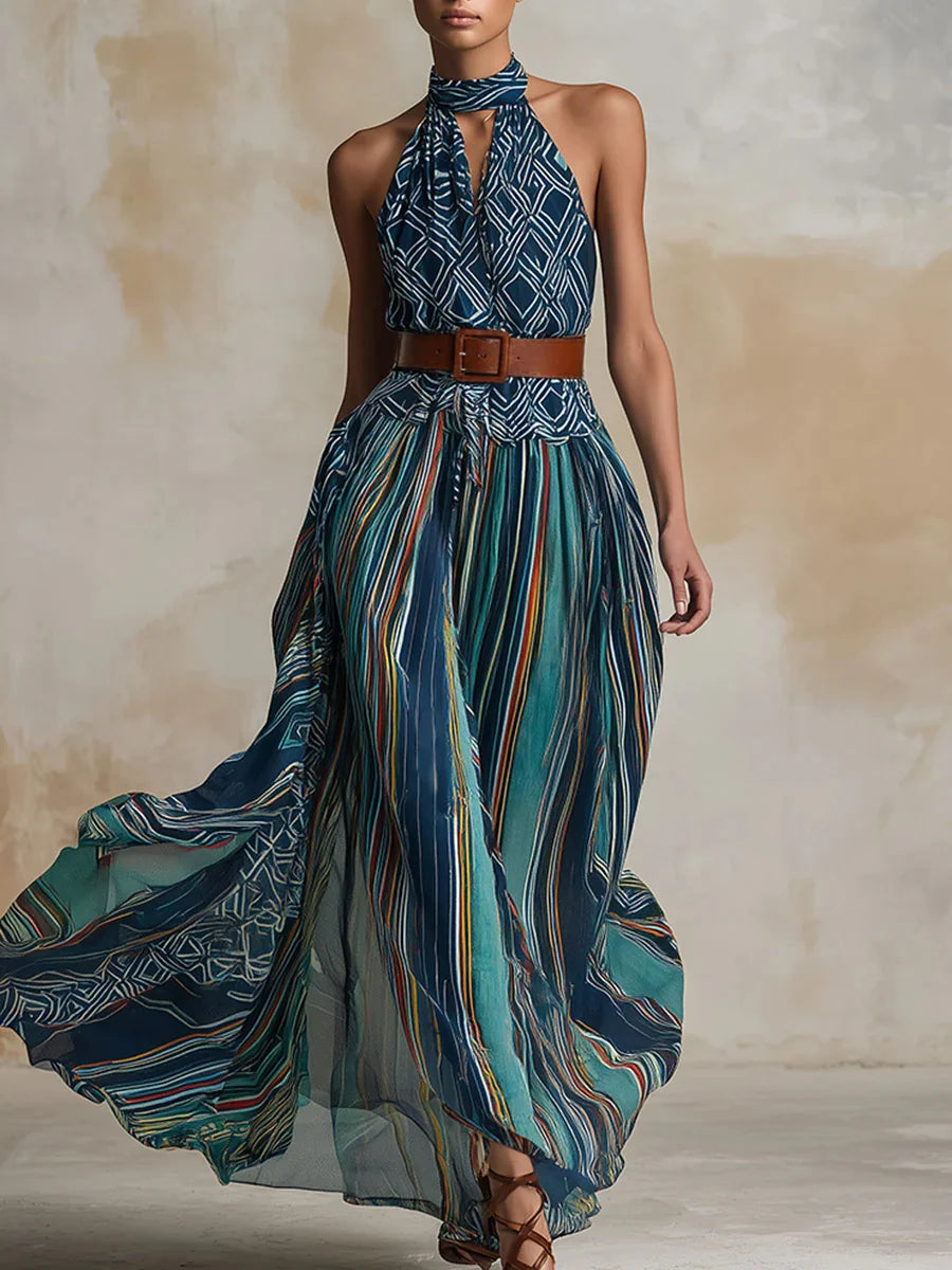 Vestido comprido sem mangas com estampado artístico boémia