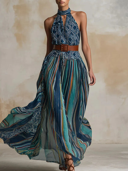 Vestido comprido sem mangas com estampado artístico boémia