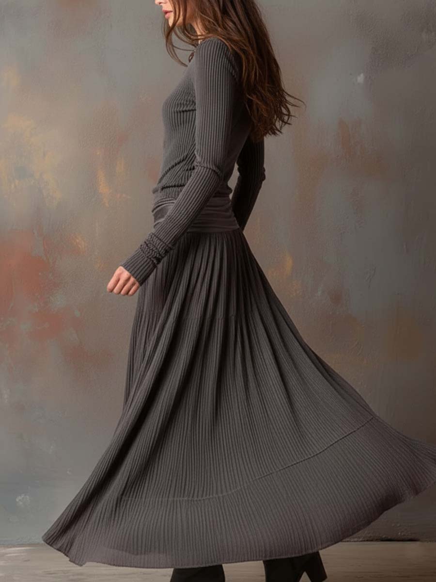 Vestido maxi vintage canelado em cinzento carvão
