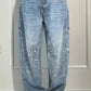 Jeans harém largos para mulher com strass