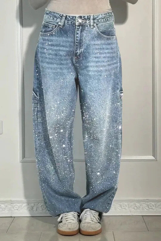 Jeans harém largos para mulher com strass