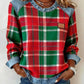 Sweatshirt casual de mulher de gola redonda em ganga com estampa xadrez e patchwork