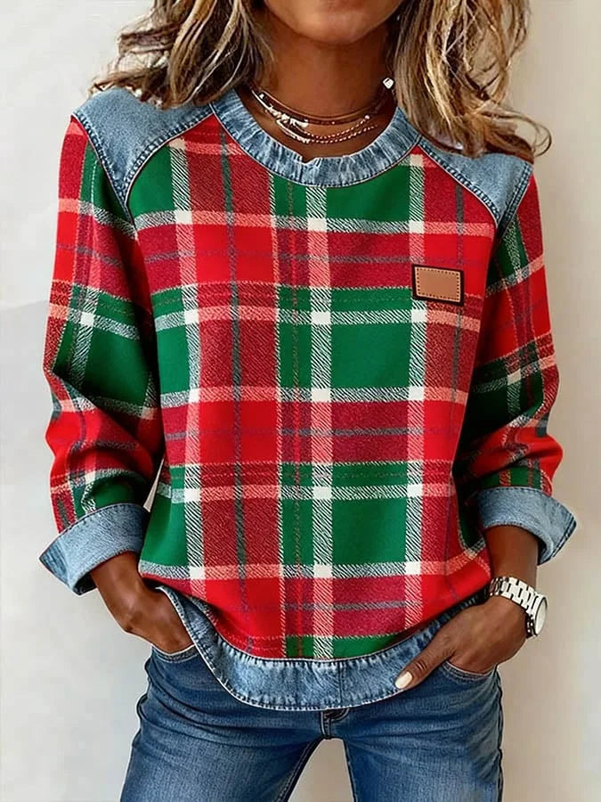 Sweatshirt casual de mulher de gola redonda em ganga com estampa xadrez e patchwork