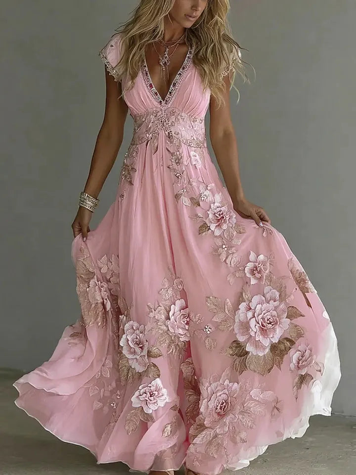 Elegante vestido de chiffon para mulher com renda bordada e decote em V profundo.