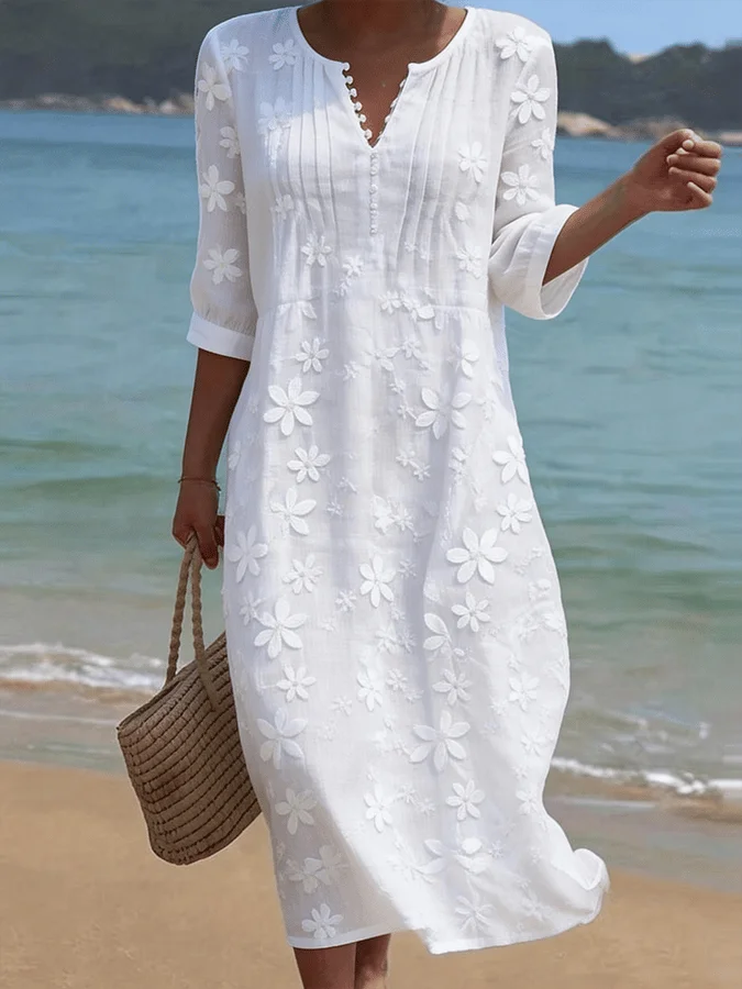 Vestido casual de mulher em linho com estampado floral