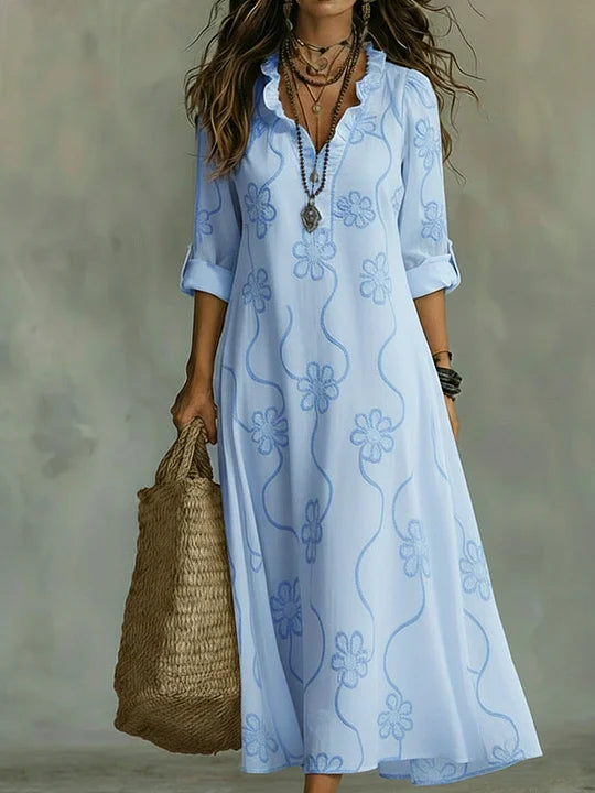 Vestido evasé floral em estilo retro com gola franzida