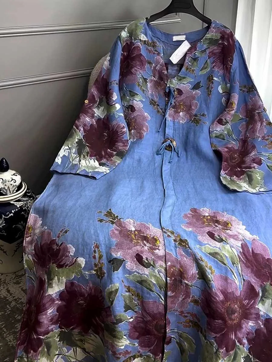 Vestido casual de mulher em algodão e linho com estampado vintage, mangas compridas e decote em V