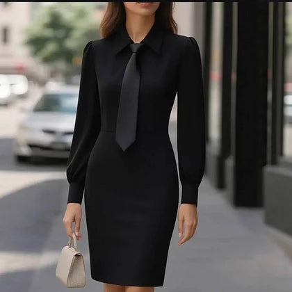 Vestido elegante e justo com mangas compridas e atilhos na altura da cintura