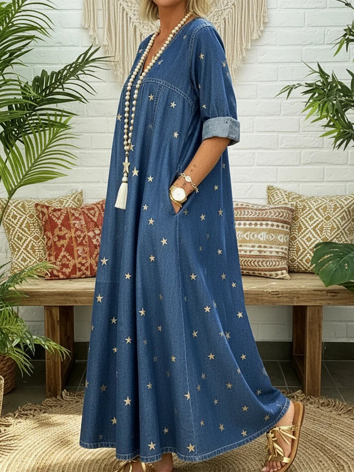 Vestido casual em denim 100% algodão com estampado de estrelas douradas