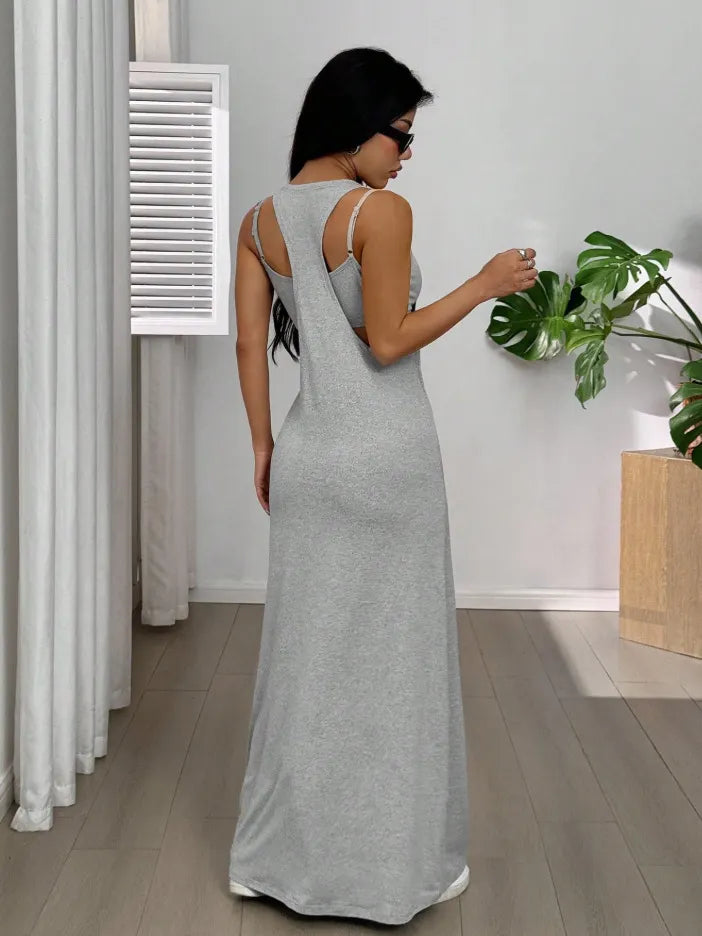 Vestido comprido de senhora, de duas peças, estilo regata, com recortes laterais