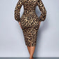 Vestido midi de renda com decote em V e padrão leopardo