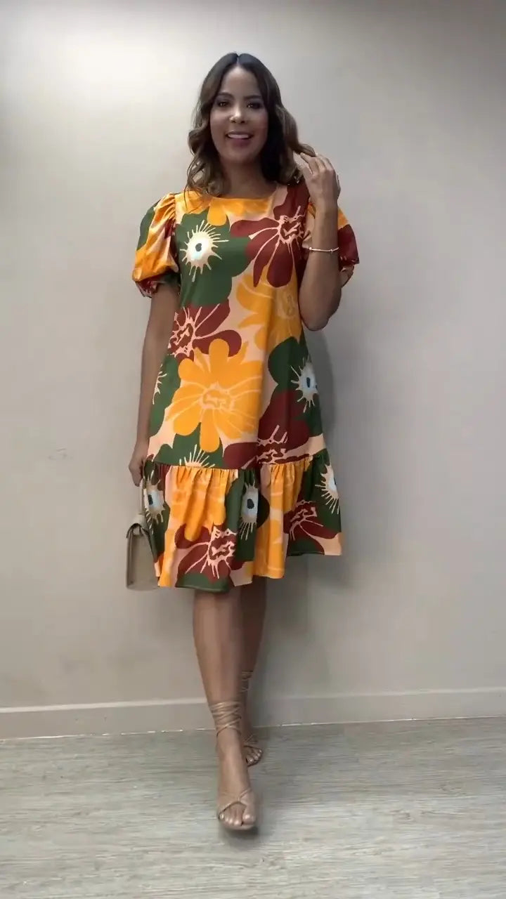 Vestido de verão elegante para mulher com mangas abalonadas, solto e confortável
