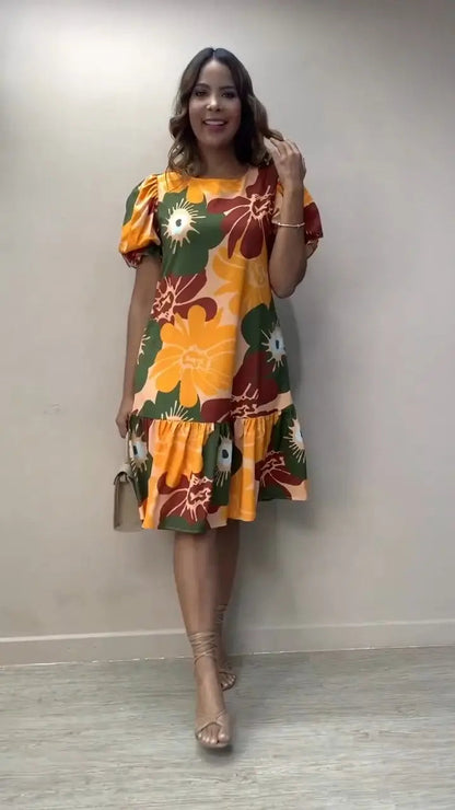 Vestido de verão elegante para mulher com mangas abalonadas, solto e confortável
