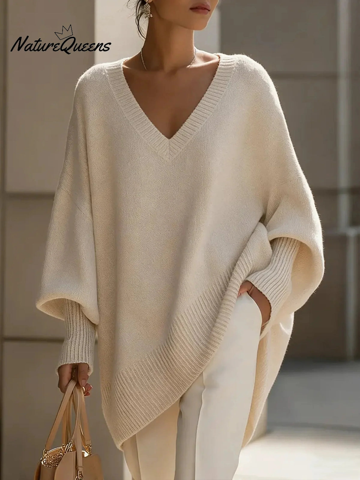 Camisola de malha de manga comprida com decote em V, cor sólida, corte casual e largo