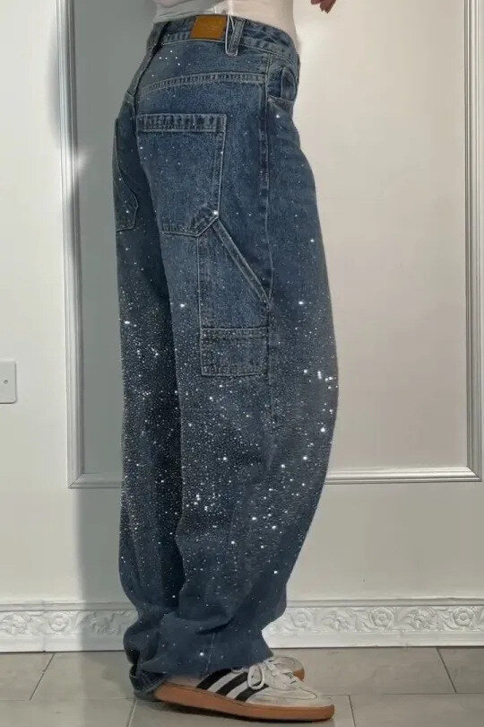 Jeans harém largos para mulher com strass