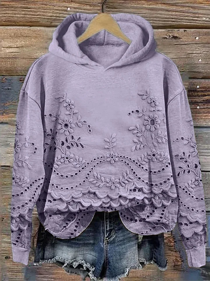 Sweatshirt casual para mulher com capuz floral texturizado e bolsos