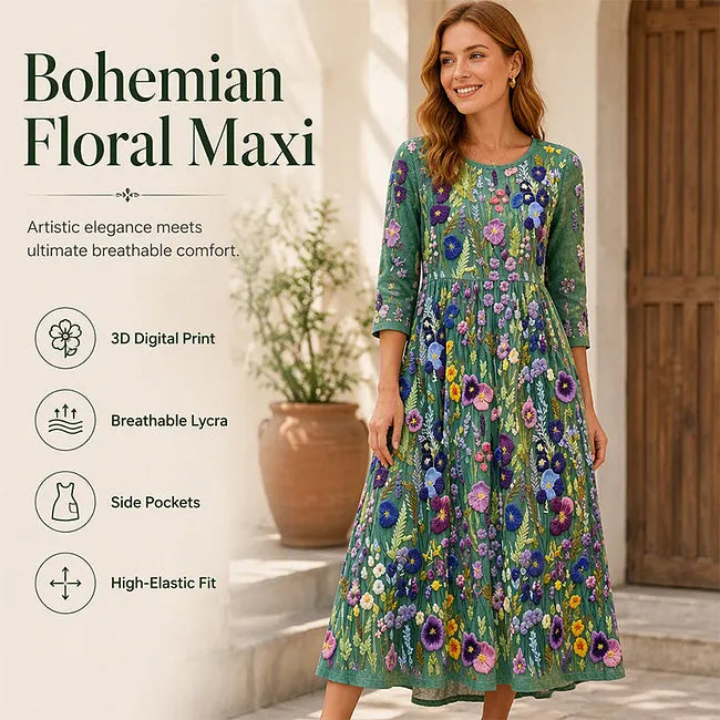 ✨🌺Vestido midi para mulher com estampado floral, mangas 3/4 e bolsos