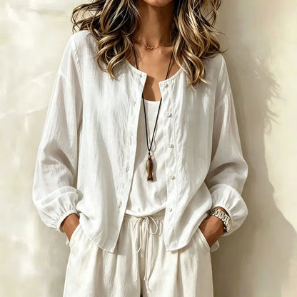 Camisa de senhora de algodão de cor única com botões
