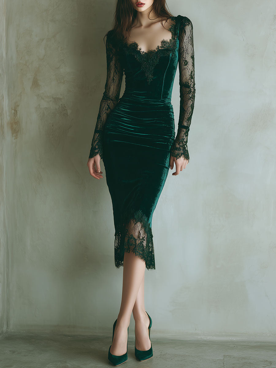 Vestido elegante em veludo verde com mangas compridas em renda